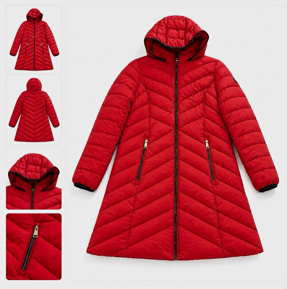 DKNY Women's Red Hooded Quilted Long Puffer Coat Full Zip Size L